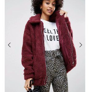 New Look Burgundy Teddy Coat
